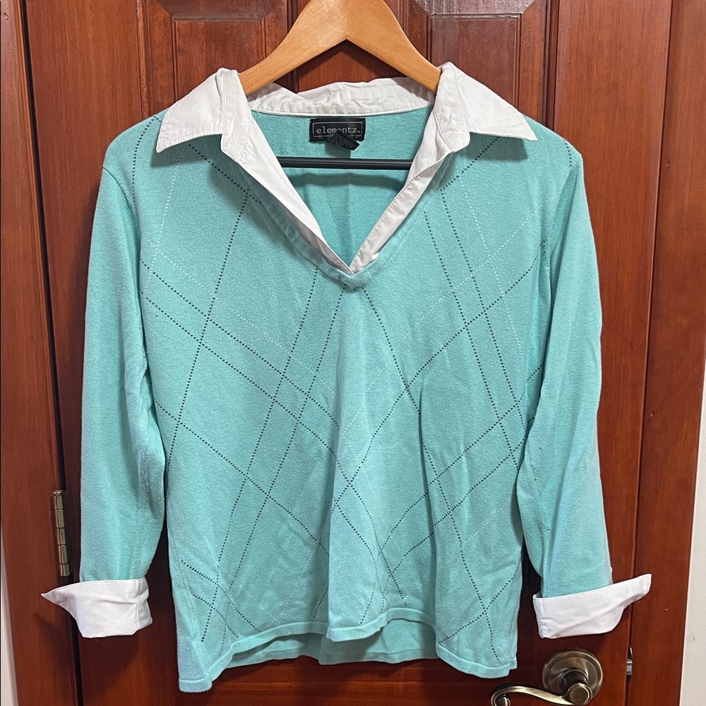 Blue V-Neck Pullover with Faux White Collar